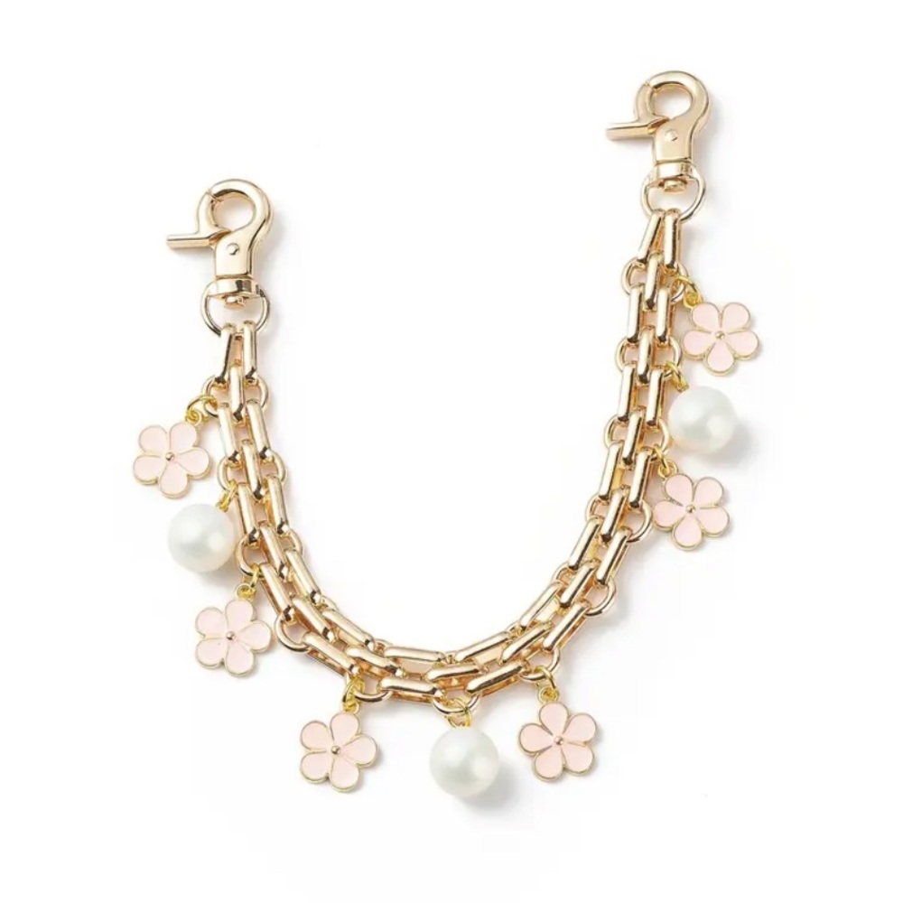 Gold Chain Purse Strap Extender Bag Chain with Pink Flowers and Pearls